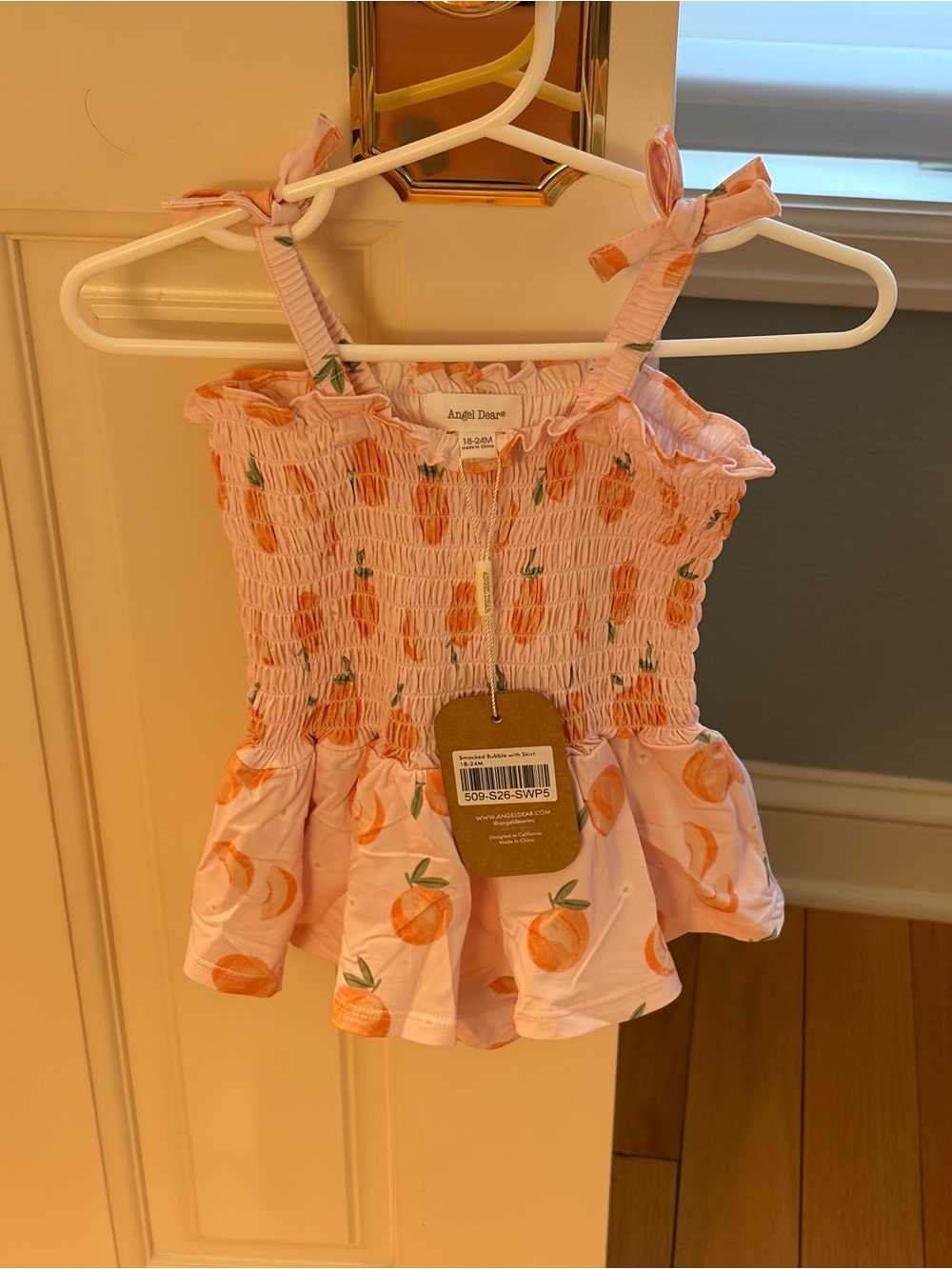NWT Angel Dear Bamboo Smocked Skirted Sunsuit Romper in Peach Print 18-24M